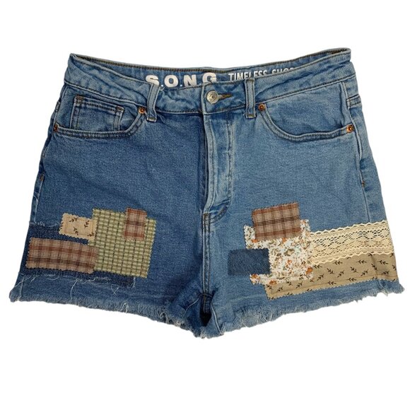 SONG Cut Off Jean Shorts Boho Denim Button Fly Distressed Plaid Patchwork 7 - Picture 2 of 12
